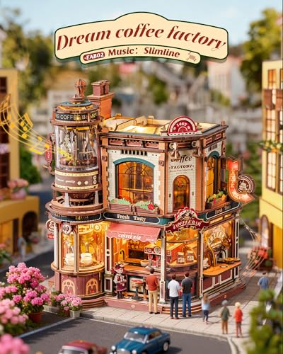 ROKR Dream Coffee Factory, Wooden Music Box Model, Mechanical 3D Wooden Puzzles for Adults, Building Kit with Moving LED Lights, Miniature House Kits, Desk Decor Gift