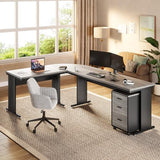 LITTLE TREE 82.67" Long Executive Desk with Drawers, Large L-Shaped Office Desk with Mobile File Cabinet, Farmhouse Computer Office Furniture Work Desk with Storage for Home Office, Gray LITTLE TREE