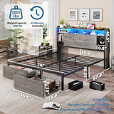TIGUBFRE King Bed Frame with Storage Headboard, Farmhouse Wood Bed Frame King Size with 4 Drawers, LED Light & Charging Station, Metal Slats Support, Noise Free, No Box Spring Needed, Rustic Grey TIGUBFRE