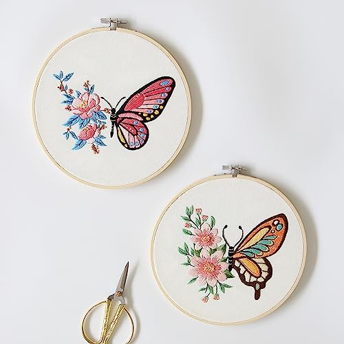Bonroy 4 Sets Embroidery Kit for Beginners,Embroidery Art Craft Handy Sewing Include Clothes with Pattern,Embroidery Hoops, Instructions,Color Threads Needle (Butterfly) (CX-55)