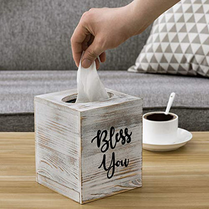 MyGift White Washed Solid Wood Square Tissue Box Cover Holder Decorative Tissue Dispenser Bath Decor with Bless You Design and Easy Refill Slide Out Bottom