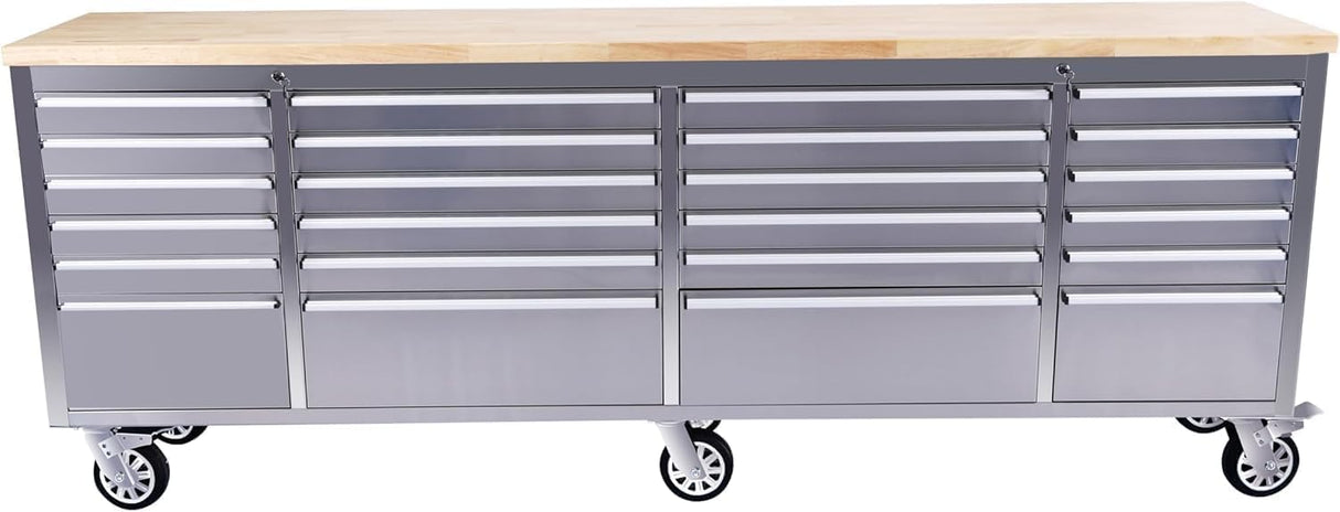 Rolling Tool Chest with Power Strip & Rubber Wood Top - 96 Inch Garage Workbench, Drawer Storage Cabinet Tool Box, Mobile Workstation SLEKVERSA
