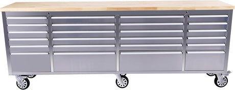 Rolling Tool Chest with Power Strip & Rubber Wood Top - 96 Inch Garage Workbench, Drawer Storage Cabinet Tool Box, Mobile Workstation SLEKVERSA