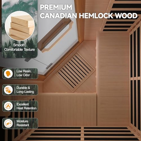 HUGROVE 2-3 Person Low EMF FAR Infrared Sauna for Home, Indoor Canadian Hemlock Dry Heat Sauna Kit with Bluetooth Speakers, LED Lights & Smart Control Panel HUGROVE