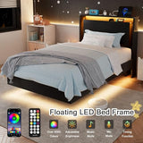 Einhomn Twin Bed Frames with LED Lights and Charging Station - Wood Floating Bed Frame with Storage Headboard, Adhesive Slats, Kick-Free & Noise-Free Design, Easy Assembly, Black Einhomn