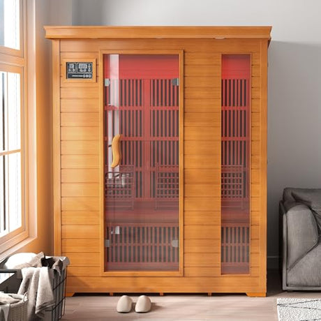 RESTISLAND 3 Person Infrared Sauna, Indoor Far Infrared Saunas for Home, 2240W Low EMF Canadian Hemlock Wooden Dry Sauna Room with 7 Chromotherapy Lamp, Bluetooth Speakers, 20 Amps RESTISLAND