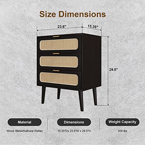 QHITTY Drawer Dresser Set of 2, Rattan Chest of Drawers with 3 Drawers Dresser, Accent Storage Cabinet Modern Bedside Table for Living Room, Bedroom, Entryway (Black) - WoodArtSupply