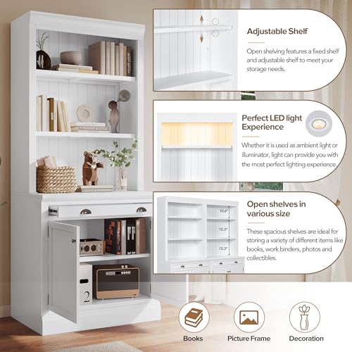 Flieks 83.4" Modern White Bookshelf with LED Lighting, Doors, and Drawer for Stylish Storage - WoodArtSupply