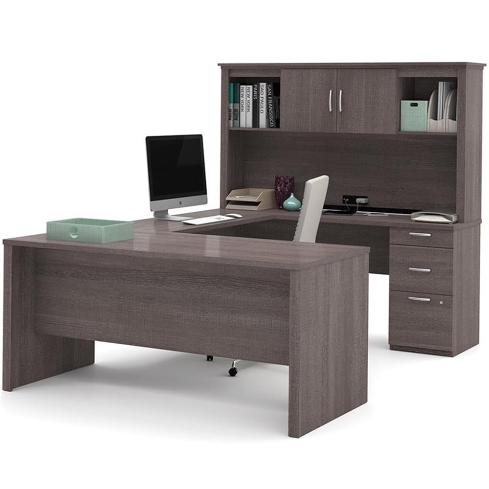 Atlin Designs Modern Wood U Shape Computer Desk with Hutch in Bark Gray Atlin Designs