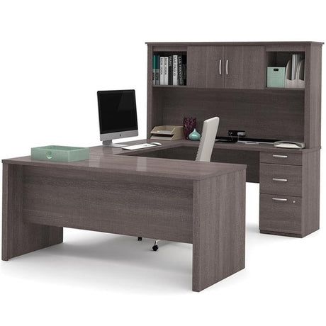 Atlin Designs Modern Wood U Shape Computer Desk with Hutch in Bark Gray Atlin Designs