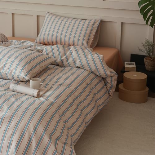 Blue Striped Duvet Cover Set Full 100% Cotton Retro Stripes Pattern 3 Pieces Bedding Set Blue Brown Striped Comforter Cover Minimalist Soft Breathable Duvet Cover with Zipper Closure & Corner Ties LifeTB