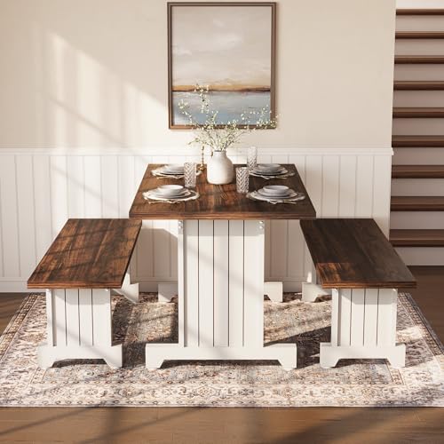 LITTLE TREE Dining Table Set for 4 with 2 Benches, Modern Kitchen Table with MDF Board, Space-Saving Dinette for Kitchen, Dining Room, Brown and White LITTLE TREE
