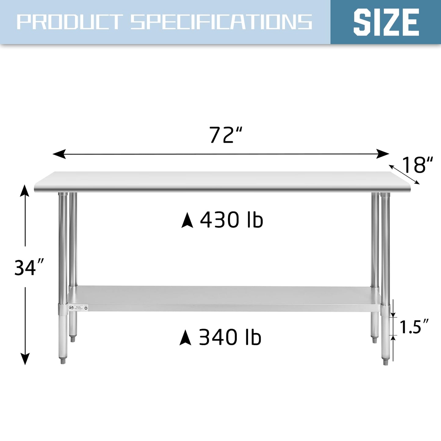 HALLY Stainless Steel Table for Prep & Work 18 x 72 Inches, NSF Commercial Heavy Duty Table with Undershelf and Galvanized Legs for Restaurant, Home and Hotel - WoodArtSupply