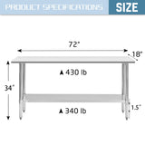 HALLY Stainless Steel Table for Prep & Work 18 x 72 Inches, NSF Commercial Heavy Duty Table with Undershelf and Galvanized Legs for Restaurant, Home and Hotel HALLY SINKS & TABLES H