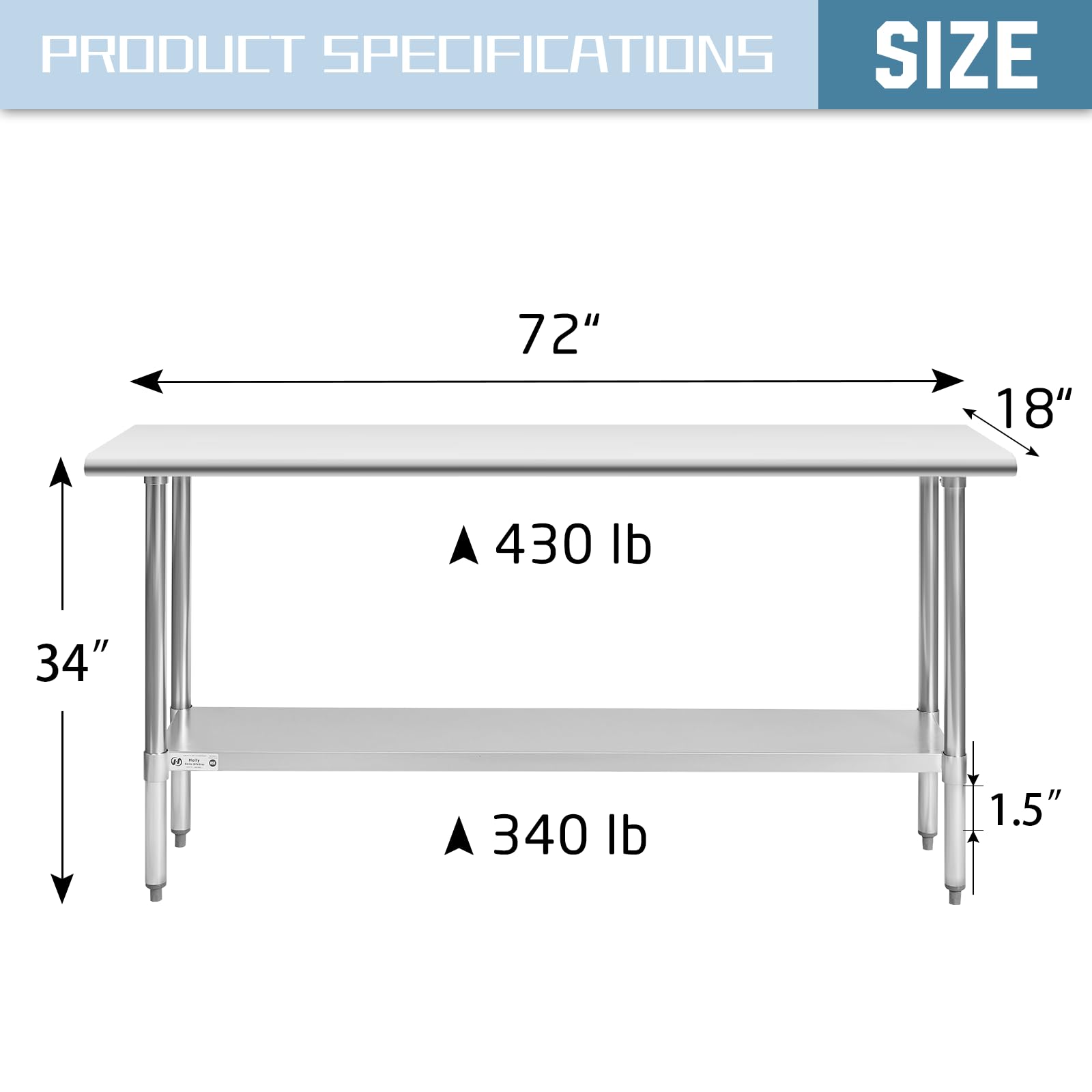 HALLY Stainless Steel Table for Prep & Work 18 x 72 Inches, NSF Commercial Heavy Duty Table with Undershelf and Galvanized Legs for Restaurant, Home and Hotel - WoodArtSupply