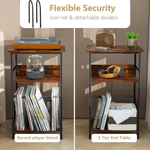 DALEMHOME Record Player Stand with Charging Station, 3-Tier Side Table for 100 Vinyl Storage, End Table for Living Room, Bedroom, Rustic Brown HKET1002BR DALEMHOME