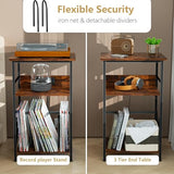 DALEMHOME Record Player Stand with Charging Station, 3-Tier Side Table for 100 Vinyl Storage, End Table for Living Room, Bedroom, Rustic Brown HKET1002BR DALEMHOME