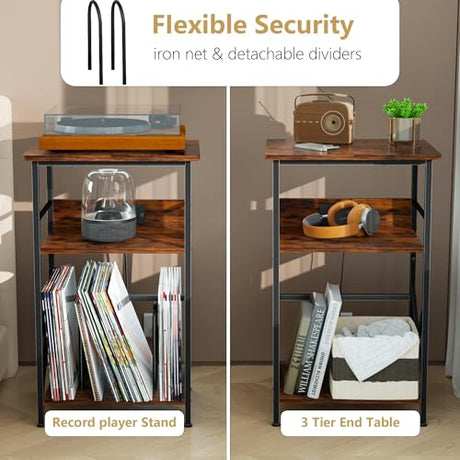 DALEMHOME Record Player Stand with Charging Station, 3-Tier Side Table for 100 Vinyl Storage, End Table for Living Room, Bedroom, Rustic Brown HKET1002BR DALEMHOME