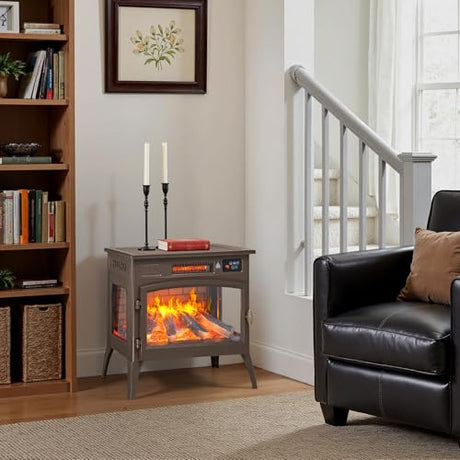 24″ Freestanding Electric Fireplace Stove with 3D Flame Effect and 6 Flame Color, 1000/1500W Infrared Fireplace Stove, 5200 BTU Electric Fireplace Heater with Remote and Timer for Indoor, Brown ONBRILL