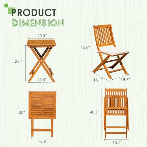 Greesum 3 Piece Patio Folding Furniture Bistro Set with 2 Cushions for Pool Beach Backyard Balcony Porch Deck Garden, Acacia Wood - WoodArtSupply