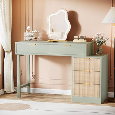Tribesigns Makeup Vanity Desk with 5 Drawers, Modern Small Dressing Desk with Storage, Wood Make Up Table for Bedroom, Narrow Space (Without Mirror), Mint Green