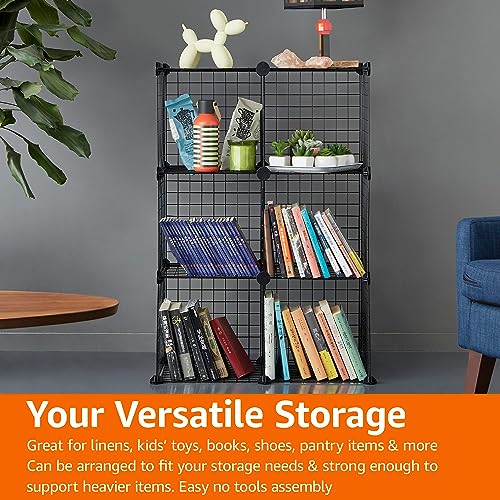 Amazon Basics 6-Cube Wire Grid Stackable Storage Shelves, 12 x 12-Inches, Black, 12.6"D x 26"W x 38"H