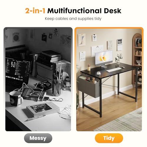 NEWBULIG 40 Inch Computer Desk Home Office Desks for Bedroom Writing Gaming Work Study Table with Storage Bag for Small Spaces, Modern Workstation in Matte Black NEWBULIG