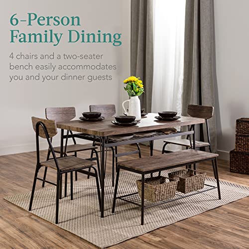 Best Choice Products 6-Piece 55in Modern Dining Set for Home, Kitchen, Dining Room w/Storage Racks, Rectangular Table, Bench, 4 Chairs, Steel Frame - Brown Best Choice Products