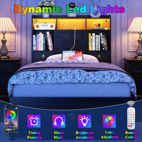 Etditrnp Twin Bed Frame with Storage Headboard, Farmhouse Platform Bed Frame with Bookshelf, Drawers, LED Lights and Charging Station, Metal Slats Support, Noise Free, No Box Spring Needed, Black Etditrnp