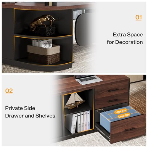 Tribesigns 80'' L-Shaped Desk, Large Executive Office Desk with 55'' Drawers Cabinet, Modern Computer Table with Storage Shelves, Business Furniture for Home Office, Walnut & Black Tribesigns