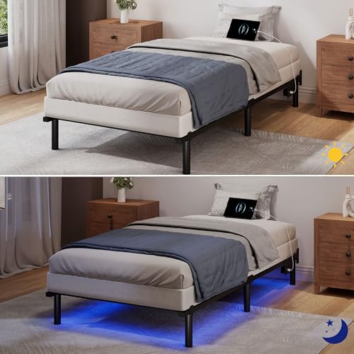 SHOANED Twin Size Bed Frame with LED, 7 Inch Metal Steel Bedframe for Box Spring and Mattress, Heavy Duty Basics Bed Base with Charging Station, Noise Free, Easy Assembly, Black SHOANED