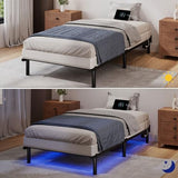 SHOANED Twin Size Bed Frame with LED, 7 Inch Metal Steel Bedframe for Box Spring and Mattress, Heavy Duty Basics Bed Base with Charging Station, Noise Free, Easy Assembly, Black SHOANED
