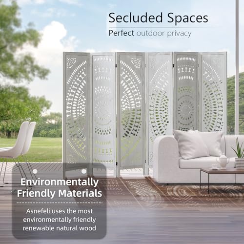 Asnefeli 6 Panel Room Divider, Wood Carved Room Divider and Privacy Screen, Folding Room Partition Screen for Room Separation Home Bedroom Office Restaurant Portable Freestanding (Retro White) Asnefeli