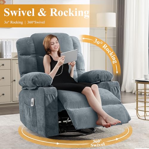 Oversized Massage Swivel Recliner Chair with Lumbar Heating for Living Room Rocker Recliner Single Sofa with Cup Holders and USB Charge Port, Large Big Chair Recliners for Adult