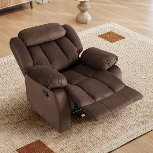 INZOY Manual Recliner Chair with Padded Armrest, Wall-Hugger Single Sofa Recliners with Overstuffed Back, Classical Fabric Reclining Chairs for Living Room Theater Seating, Brown