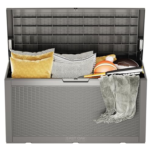 EAST OAK Outdoor Storage Box, 100 Gallon Deck Box, Waterproof Resin Storage Bench for Patio Cushions, Gardening Tools, Pool Toys, Lockable, UV Resistant, Grey EAST OAK