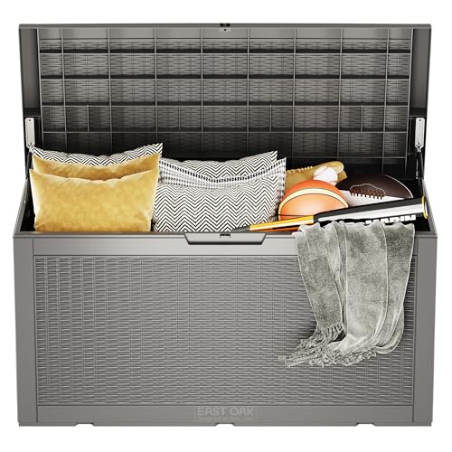 EAST OAK Outdoor Storage Box, 100 Gallon Deck Box, Waterproof Resin Storage Bench for Patio Cushions, Gardening Tools, Pool Toys, Lockable, UV Resistant, Grey - WoodArtSupply