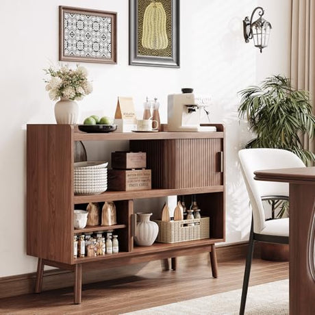 ONBRILL 44" Sideboard Buffet Cabinet with Outlet & 2 Open Storage Spaces, Fluted Sideboard Cabinet with Sliding Door & Adjustable Shelves, Mid-Century Accent Coffee Bar Console Table with Wooden Feet ONBRILL