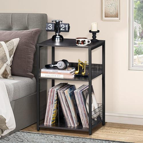 LELELINKY 3 Tier Farmhouse Drak Gray End Table, Large 18" Wide Record Player Tables with Vinyl Storage Shelf, Industrial Turntable Printer Stands, Modern Side Tables for Living Room, Bedroom, Office LELELINKY