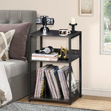 LELELINKY 3 Tier Farmhouse Drak Gray End Table, Large 18" Wide Record Player Tables with Vinyl Storage Shelf, Industrial Turntable Printer Stands, Modern Side Tables for Living Room, Bedroom, Office LELELINKY