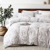 ALEISSEL 100% Natural Cotton 3pcs Floral Duvet Cover Sets-Grayish White Duvet Cover with Gray Luxurious Flowers & Branches Pattern,Botanical Comforter Cover Sets with Button Closure(King,Botanical ALEISSEL