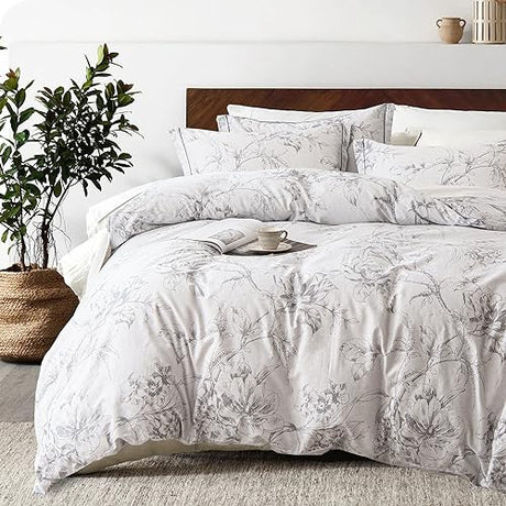 ALEISSEL 100% Natural Cotton 3pcs Floral Duvet Cover Sets-Grayish White Duvet Cover with Gray Luxurious Flowers & Branches Pattern,Botanical Comforter Cover Sets with Button Closure(King,Botanical ALEISSEL