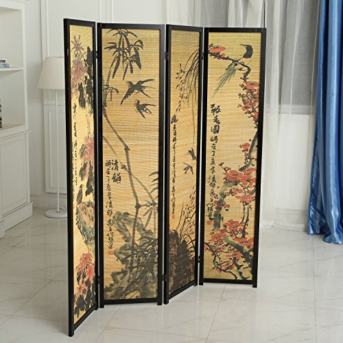 MyGift Decorative 4 Panel Folding Room Divider Bamboo Screen with Chinese Calligraphy Design, 6FT Freestanding Floral Artwork Room Partitioner with Black Wood Frame MyGift