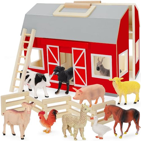 YEEBAY Farm Animals Toys for 3+ Year Old Kids Toddlers Girls Boys, Large Wooden Barn with Animal Play Figures, Farm Playset Educational Learning Toys, Ideal Christmas Birthday Gifts YEEBAY