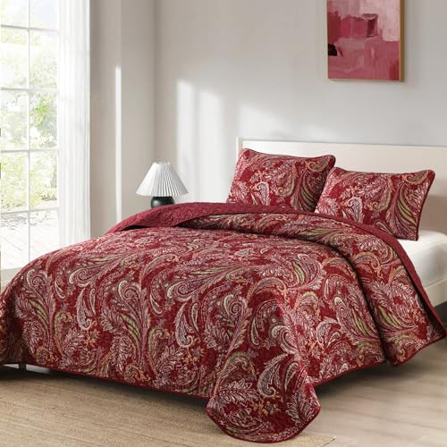 WONGS BEDDING Boho Quilt Set Queen,3 Pieces Red Paisley Pattern Bedspread Coverlet Set,Lightweight Microfiber Bohemian Bedding Set for All Season 96"×90" WONGS BEDDING