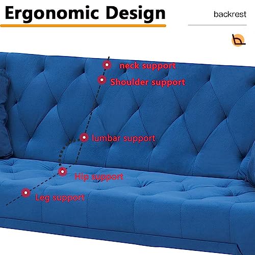 Majnesvon 71" Convertible Folding Sleeper Sofa Couch,Modern Velvet Loveseat Sleeper with 2 Pillows, Futon Sofa Bed with Mattress and Frame for Living Room,Bedroom,Small Space (Blue) Majnesvon