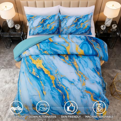 Holawakaka Light Blue Gold Marble Print Bedding Comforter Set Queen Size Marbled Bed Sets 3 Pieces (Light Blue Gold, Queen) Holawakaka