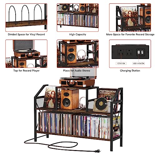 Homeiju Record Player Stand Holds up to 500 Albums, Turntable Stand with Vinyl Record Player Storage Cabinet, Records Vinyl Albums Storage, Rustic Brown Homeiju