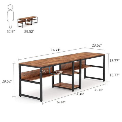 Tribesigns Rustic Brown Two-Person Double Desk with Bookshelf for Home Office - WoodArtSupply