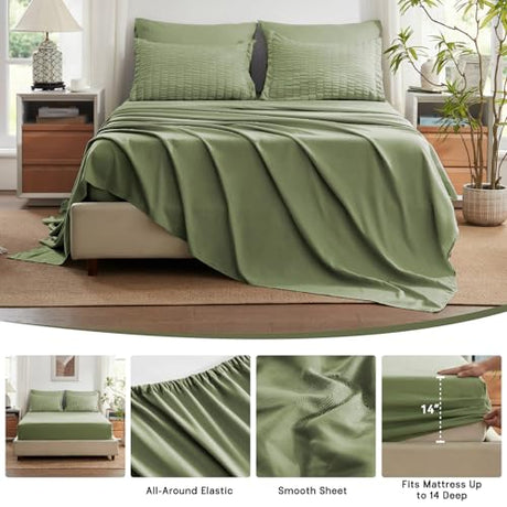 Zzlpp Twin Comforter Set 5 Pieces, Olive Green Seersucker Bed in a Bag with Comforter and Sheets, All Season Bedding Sets with 1 Comforter, 1 Pillow Sham, 1 Pillowcase, 1 Flat Sheet, 1 Fitted Sheet Zzlpp